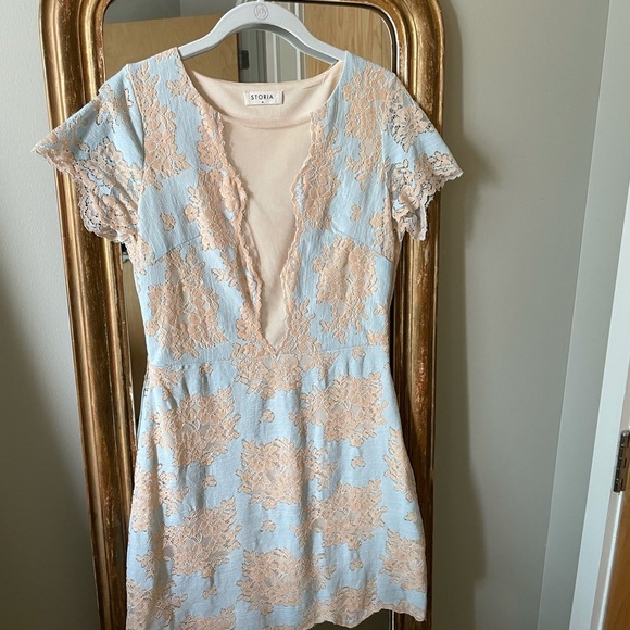 Storia Dresses & Skirts - Storia Lace Overlay Dress in Blue and Cream
